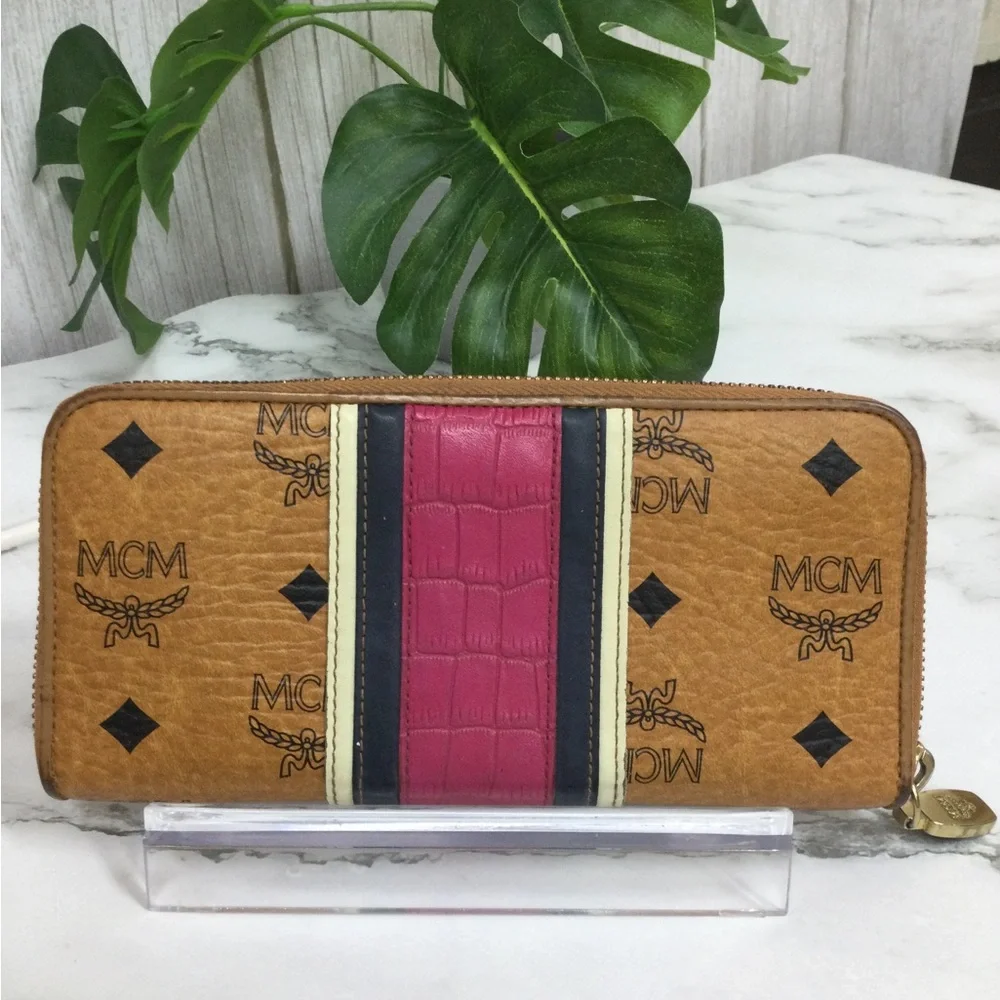GUC MCM Leather Zip-Around Wallet in Cognac with Pink Stripe